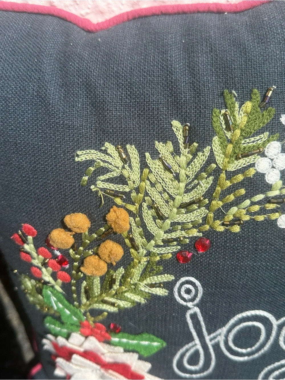 Pier 1 Embroidered Christmas Holiday Throw Pillow Holly Berry Joy Wreath 16